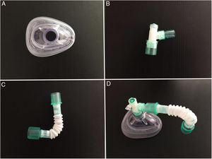 A) Máscara de anestesia. B) Pieza de conexión con la tubuladura con válvula de apertura por donde introducir el nasofibrolaringoscopio. C) Tubuladura para dirigir el aire del paciente en dirección contraria al explorador. D) Piezas conectadas.