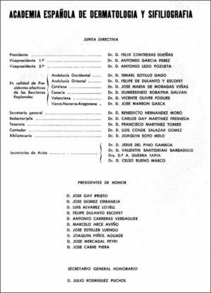 Junta Directiva de la Academia Española de Dermatología y Venereología reflejada en la revista (Actas Dermosifiliogr. 1976; números 3-4).