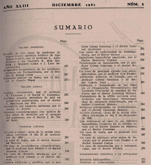 Sumario del número 3 del volumen 43 (diciembre 1951) de la revista Actas Dermo-Sifiliográficas.