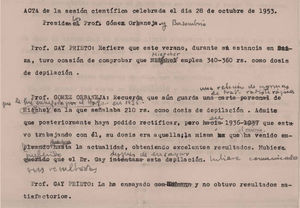 Acta mecanografiada de la sesión científica celebrada el día 28 de octubre de 1953. Autor: Carlos Daudén Sala. Correcciones a mano.