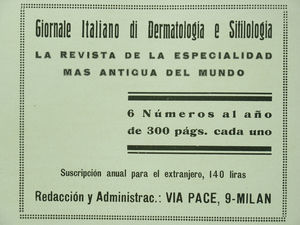 Anuncio del Giornale Italiano de Dermatologia e Sifilologia en el número de mayo de 1940 de Actas Dermo-Sifiliográficas. El Giornale es la revista dermatológica más antigua. Comenzó su andadura en 1866, aunque cambiaría después su denominación original.
