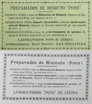 Las sales de bismuto fueron una alternativa a los salvarsanes en el tratamiento de la sífilis en la primera mitad del siglo xx. El anuncio de la parte superior de la figura aparece en el número de octubre de 1937 de Actas, el primero después del comienzo de la guerra. En él se publicitan tres productos de los laboratorios Pons de Lleida, que figura: «Accidentamente: Hotel Biarritz - San Sebastián». En la parte inferior vemos el mismo anuncio a finales de 1939, después del final de la guerra, en el que ya no aparece esta coletilla.