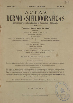 Portada del número de octubre de 1928 de Actas Dermo-Sifiliográficas. El curso 1928-1929 tiene especial interés porque la Revista aumentó de 6 a 9 ejemplares anuales, como ya se hace constar en la propia portada.