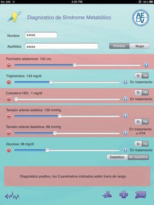 Calculadora de síndrome metabólico. Los ítems patológicos se resaltan en rojo.