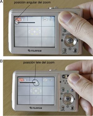 A. En las cámaras compactas el zoom desplazado a la izquierda permite las tomas en posición angular del objetivo, para alejar al sujeto fotografiado. B. El botón del zoom presionado a la derecha permite las tomas en posición tele del objetivo, para acercar al sujeto fotografiado.