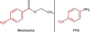 Similitudes de la estructura química de la benzocaína y la parafenilendiamina (PPD). En rojo se observa el sustituyente amino en posición «para» en el anillo bencénico.
