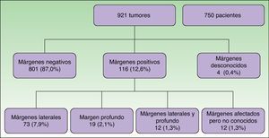 Evaluación global de los márgenes quirúrgicos de 921 carcinomas basocelulares.