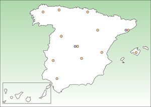 Map of Spain showing the geographical distribution of the participating dermatology departments (red dots) and 2 laboratories (purple dots).