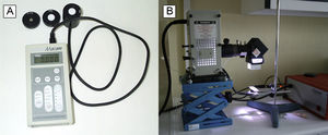 Radiómetro y espectrorradiómetro. A. Radiómetro de banda ancha para las medidas de irradiancia de UVC, UVB y UVA (obsérvese los diferentes filtros utilizados para cada banda espectral). B. Medición de la distribución espectral mediante un espectrorradiómetro de doble monocromador.