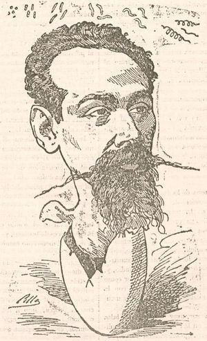 Caricatura de Antonio Mendoza, microscopista del Hospital de San Juan de Dios de Madrid, publicada en la revista médico-humorística El Doctor Sangredo. El huevo del que sale Mendoza quiere representar la citología, y las bacterias (cocos, bastones y espirilos) aparecen en el borde superior.