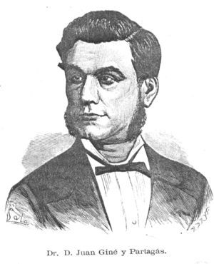 Juan Giné Partagás en un grabado del Anfiteatro Anatómico Español. Fue un médico polifacético dedicado a la Dermatología, la Cirugía y la Psiquiatría. Escribió un libro titulado Dermatología quirúrgica, publicado en 1880, con bellas estampas histológicas de la piel.