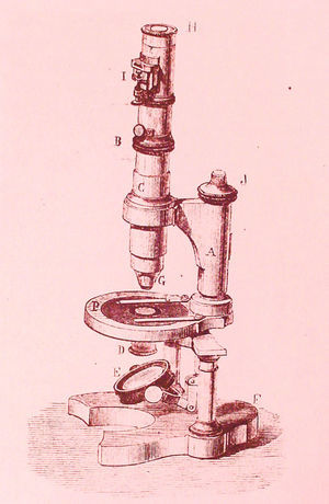 Grabado representando un microcopio de tipo Nachet. Aparece en la obra de Maestre de San Juan Tratado de anatomía general, de 1879. Este microscopio era uno de los favoritos de los autores españoles de las décadas de 1870 y 1880.