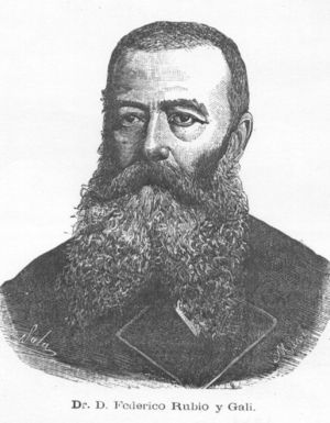 Federico Rubio Galí fue un eminente cirujano. Buen amigo de Olavide, colaboraron en diversos momentos de sus carreras. Este retrato se publicó en la revista Anfiteatro Anatómico Español que dirigía el doctor Pedro González de Velasco.