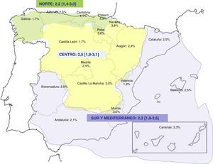 Prevalencia en las distintas comunidades autónomas y regiones geográficas agrupadas según las características climáticas.