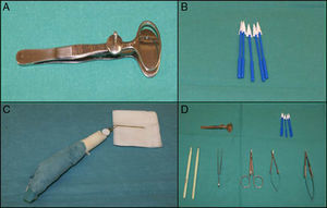 A. Pinza chalazión. B. Hemostetas. C. Cauterio oftalmológico. D. Ejemplos de instrumental básico en cirugía oculoplástica.