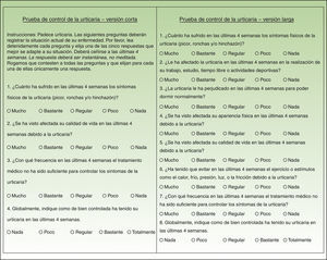 Versiones larga y corta definitivas del cuestionario Urticaria Control Test en castellano.
