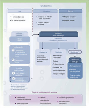 Algoritmo terapéutico de hidradenitis supurativa. Fuente: Martorell45.