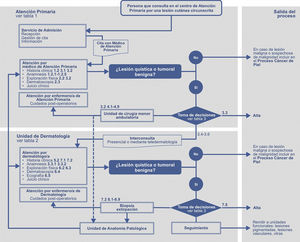 Recorrido de la persona con lesión quística o tumoral benigna a través de los diferentes ámbitos asistenciales. Las referencias numéricas remiten a las tablas de las características de calidad de las actuaciones en las unidades de gestión clínica de atención primaria y dermatología (tablas 1 y 2). En aquellos pacientes que son intervenidos quirúrgicamente en la unidad de cirugía menor, o en la unidad de dermatología, el flujo remite de nuevo al paciente a la consulta del médico de familia o dermatólogo que lo atendió en primera instancia para la recogida del resultado anatomopatológico.