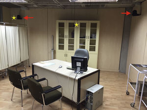 Clinical scenarios took place in simulated medical rooms with cameras (red arrows) and microphones (yellow stars) in order to evaluate students without interfere in their performance.