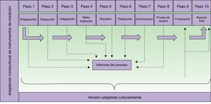 Pasos del proceso de adaptación transcultural. Adaptado de Beaton et al.9.