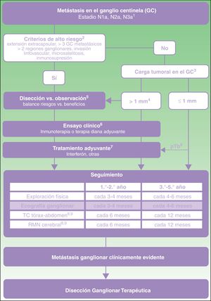 Propuesta de atención al paciente con melanoma y metástasis en el ganglio centinela. 1. Clasificación TNM para el melanoma cutáneo de la American Joint Committee on Cancer 20178. 2. Características de alto riesgo basadas en los criterios de exclusión aplicados en los ensayos clínicos sobre disección vs. observación11,21. 3. Carga tumoral en el ganglio centinela (GC) medida como diámetro tumoral máximo del implante tumoral de mayor tamaño (criterios de Rotterdam)36. 4. En el ensayo MSLT-II los grupos de disección y observación incluyeron un 33,2 y 34,5% de pacientes con metástasis en el GC superiores a 1mm. El percentil 75 de carga tumoral fue de 1,32 y 1,38mm en cada uno de los grupos de estudio, respectivamente. En el ensayo DeCOG-SLT el 7% de pacientes reclutados presentaron metástasis en el GC superiores a 2mm, y el 2% superiores a 5mm10,11. 5. La discusión con el paciente debe incluir información sobre la frecuencia esperada de complicaciones y beneficio de supervivencia esperado con cada una de las opciones (disección vs. observación). 6. Valoración en comité de melanoma de la posibilidad de acceder a ensayo clínico de adyuvancia. 7. Actualmente, la única pauta de adyuvancia aprobada en España para el paciente con melanoma es el interferón. Cualquier pauta de adyuvancia autorizada para uso en práctica clínica deberá ser valorada en este mismo punto del algoritmo. 8. pTb, tumor primario ulcerado. El máximo beneficio de la adyuvancia con interferón se ha observado en pacientes con tumor primario ulcerado22-24. 9. En pacientes con criterios de alto riesgo estadios IIIB-IIIC puede valorarse la recomendación de PET-TC semestral durante los dos primeros años y anual entre el tercer y el quinto año37.