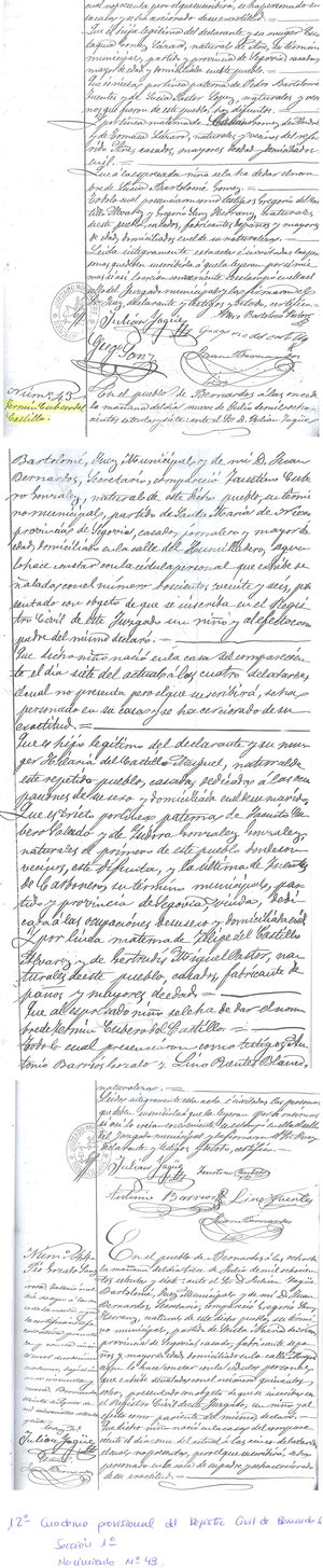 Copia del acta de nacimiento que figura en el Cuaderno Provisional del Registro Civil (Sección 1.a, Nacimiento n.° 43) del Ayuntamiento de Bernardos.