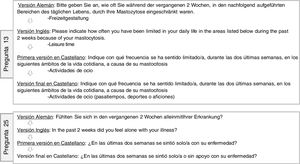 Modificaciones realizadas en las preguntas 13 y 25 del cuestionario Mastocytosis Quality of Life questionnaire (MC-QoL).