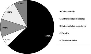 Distribución de la localización de los casos de cáncer cutáneo detectados. Los diagramas de sectores representan la frecuencia en porcentaje por localización en cabeza y cuello, extremidades superiores, extremidades inferiores, espalda y tronco anterior del total de pacientes.