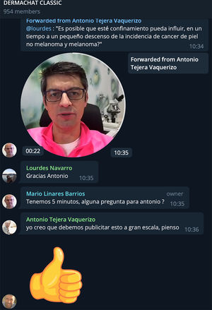 Captura de pantalla del chat durante el debate del 26 de abril de 2020. Las preguntas fueron formuladas durante las presentaciones del día anterior, y los ponentes enviaron sus respuestas a los moderadores previamente, utilizando vídeos de≤1min que se mostraban uno detrás de otro de forma fluida y con transiciones eficientes (captura de pantalla autorizada por los participantes).