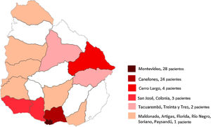 Departamentos de origen de los pacientes operados. Los Departamentos no coloreados no registraron casos.