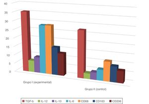 Comparación de células inmunopositivas (%) en la piel de ratones en los grupos experimental (grupoI) y control (grupoII).