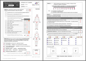 a) Índice de psoriasis simplificado - versión de profesional (proSPI) (parte 1). b) Índice de psoriasis simplificado - versión de profesional (proSPI) (partes 2 y 3).