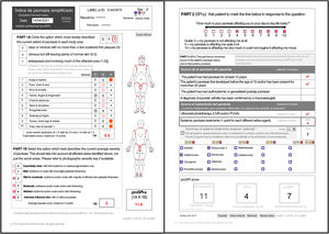 (A) Simplified psoriasis index – professional version (proSPI) (Part 1). (B) Simplified psoriasis index – professional version (proSPI) (Parts 2 and 3).