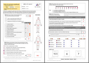 (A) Simplified psoriasis index – self-assessment version (saSPI) (Part 1). (B) Simplified psoriasis index – self-assessment version (saSPI) (Parts 2 and 3).