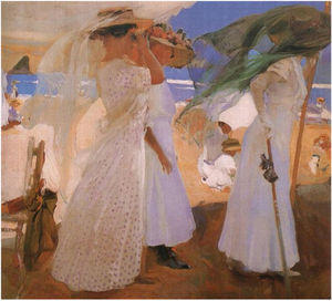 Under the sun shade, Zarauz beach (1905).