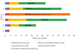 Disease phases and end points after rituximab treatment. Each bar represents a patient and its length shows the duration of follow-up. After a single cycle of low-dose rituximab (at week 0), the time to disease control (blue), the time to end of consolidation (red), the time to late end point (yellow) and its duration (green) are shown. One patient had a relapse (black line), requiring retreatment with more than minimal adjuvant therapy (light blue). CR adj: complete remission with more than minimal adjuvant therapy (also referred to “complete remission during tapering”); CR OFF: complete remission off all therapy; CR ON: complete remission with minimal therapy; PR OFF: partial remission off all therapy; PR ON: partial remission with minimal therapy.