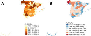 A) Mapa coroplético que muestra las tasas de pacientes con psoriasis pustulosa generalizada (PPG) ingresados, por cada 1.000.000 de personas-año entre 2016 y 2020 en España. B) Mapa coroplético de caja (box map) que muestra la distribución espacial de los pacientes ingresados por PPG en España con identificación de valores atípicos (2016-2020). Nota: Mapa de cajas (box map) realizado con un valor de bisagra de 3. Esto identifica los valores atípicos inferiores (Lower outlier) como aquellos que presentan tasas inferiores al percentil 25 menos 3xIQR y como valores atípicos superiores (Upper outlier) aquellos que presentan tasas superiores al percentil 75 + 3x IQR. Mapas realizados con el software GeoDa.