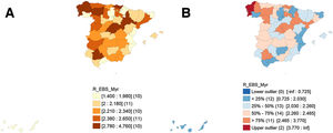 (A) Choropleth map showing the frequency of patients with generalized pustular psoriasis (GPP) admitted to hospital per 1,000,000 person-years between 2016 and 2020 in Spain. (B) Choropleth map (box map) showing the geographic distribution of patients admitted with GPP in Spain and highlighting atypical values (2016–2020). Note: Box map with a hinge value of 3. This identifies atypical low values (lower outlier) and values with rates lower than the 25th percentile minus 3 times the interquartile range (IQR) and atypical high values (upper outlier) as those with rates higher than the 75th percentile plus 3 times the IQR. The maps were created using GeoDa software.