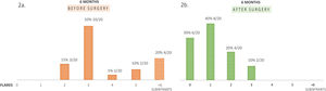 Reduction of local and distant flares after surgery. Graph shows percentage of patients presenting different number of flares (1–5) or subintrant flares (>6), including local and distant locations. (a) Six months prior to surgery. (b) Six-month follow-up.