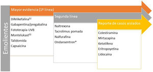 Tratamientos recomendados para el prurito en la enfermedad renal. *A pesar de que los paneles de expertos siguen recomendando ondansetrón en segunda línea, la última revisión Cochrane concluye que no es un fármaco eficaz en el tratamiento del prurito urémico54.