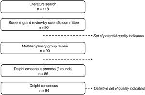 Flow chart showing CUDERMA Delphi consensus process and number of indicators considered in each phase.