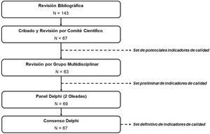 Representación esquemática de las fases del consenso del proyecto CUDERMA y número de indicadores considerados en cada fase. CUDERMA: Certificación de Unidades de Dermatología.