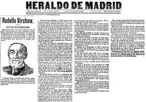 Portada del periódico Heraldo de Madrid del sábado 6 de septiembre de 1902. El artículo está lleno de detalles biográficos de la vida de Virchow, incluida su visita a España en 1880.