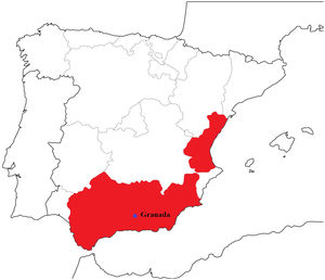 Mapa de España que muestra las zonas en las que todavía se podía encontrar un número notable de individuos con lepra en la década de 1850. El mapa también muestra la ciudad de Granada, donde estuvo ubicado el Hospital de Leprosos de San Lázaro.