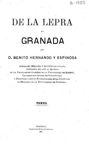 Portada del libro sobre lepra escrito por el Dr. Benito Hernando y Espinosa un año después de la visita de Virchow.
