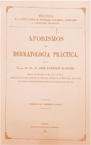 Cover of José Eugenio de Olavide y Landazábal's Aphorisms on the Practice of Dermatology.