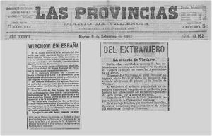 Front page articles in Las Provincias on Tuesday 9 September 1902. The column on the left relates a description of Virchow