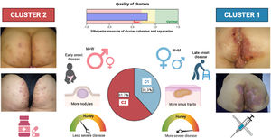 Diagram showing the two-step cluster model resulting in two groups. Cluster 1 (C1), (38.3% of the LC3 patients), including more female patients, with later diagnosis, more severe disease, and more sinus tracts; and cluster 2 (C2), (61.7%), encompassing more men with less evolved and severe disease and more nodules and folliculitis lesions. Furthermore, therapeutic interventions differed depending on the patient