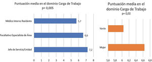 Puntuación media referida para el dominio «carga de trabajo», por categoría profesional y por sexo.