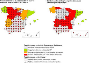 Representación de la existencia de condicionantes de acceso a nuevos fármacos a nivel autonómico y local para dermatitis atópica y psoriasis en las distintas CC. AA., en abril-mayo del 2023. En los casos en los que los 2participantes no son conocedores de limitaciones locales, no se puede asegurar que no existan.